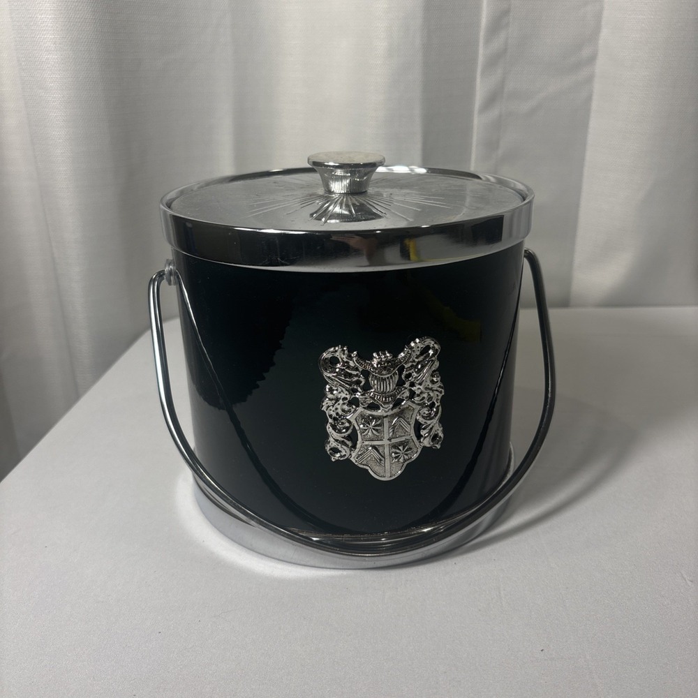 Vintage MCM Barware Ice Bucket~Crest~Dark Green/Silver~ Star Pattern